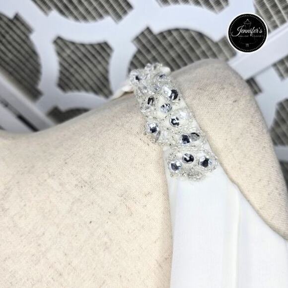 DaVinci White Chiffon Ruched V-Neck Beaded Waist & Strap Floor Length Dress 14 - Picture 4 of 16